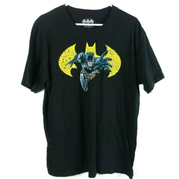 DC Comics Batman T-Shirt Mens Large Black Word Mosaic Bat Symbol Graphic Tee - Picture 1 of 5